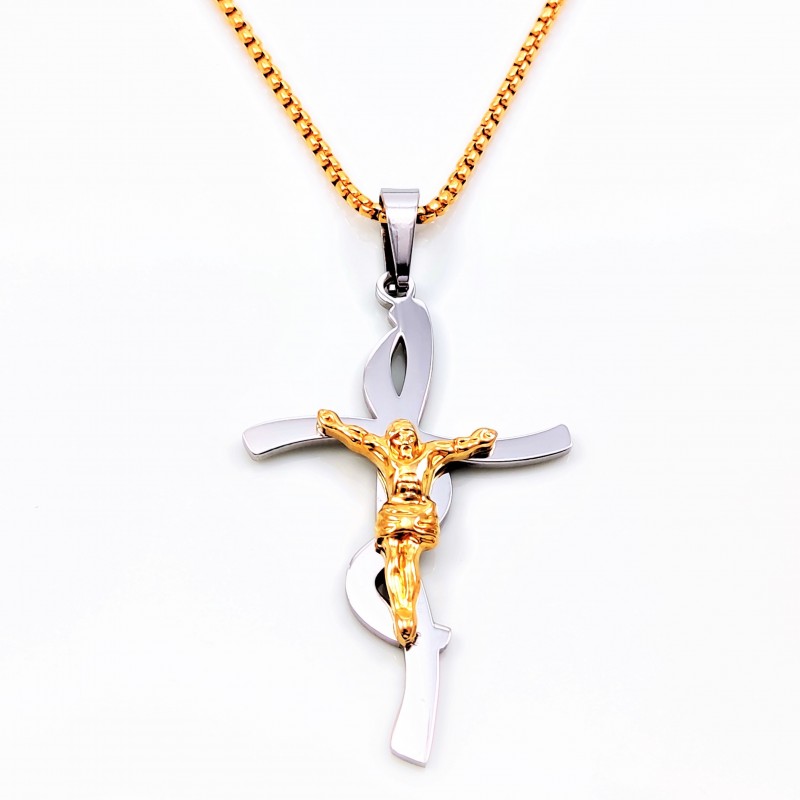 80cm x 2mm Verguld Ketting + Zilverkleurige staal en Verguld Stalen Egyptische Ankh Kruis met Jezus 80cm x 2mm Verguld Ketting + Zilverkleurige staal en Verguld Stalen Egyptische Ankh Kruis met Jezus