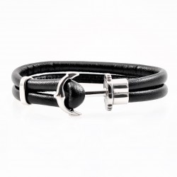 Zwarte Dames Leren Armband met Stalen Anker
