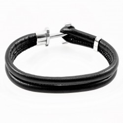Zwarte Dames Leren Armband met Stalen Anker