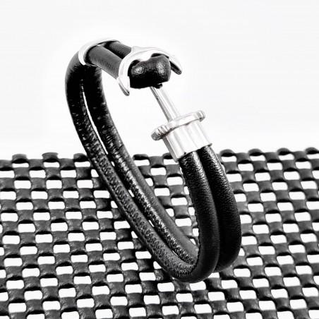 Zwarte Dames Leren Armband met Stalen Anker