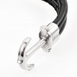 Zwarte Dames Leren Armband met Stalen Anker