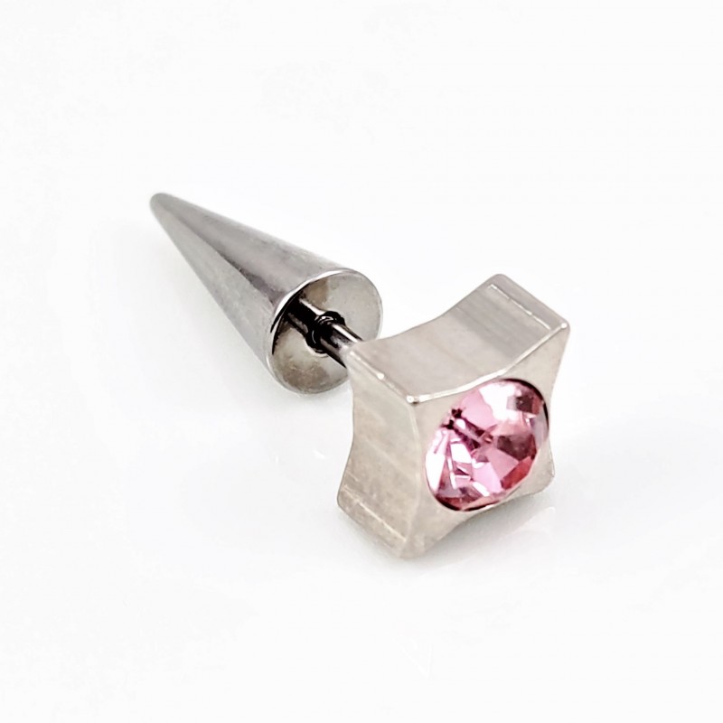 Zilverkleurige Stalen Fake Oorbel met Roze Zirkonia