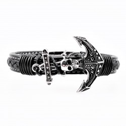 Zwarte Heren Leren Armband met RVS Doodshoofd Anker