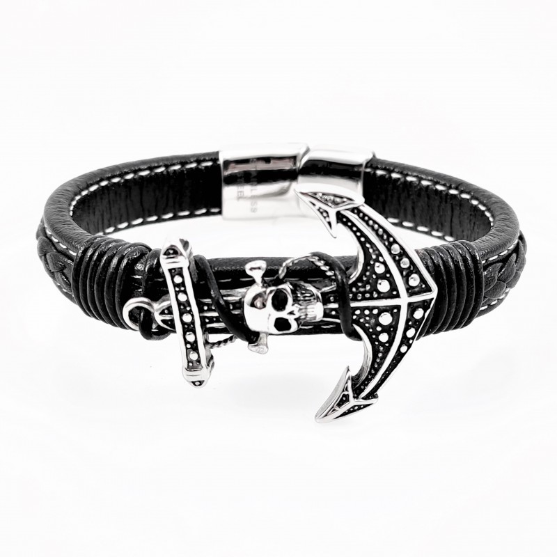 Zij zijn Traditie Compliment Zwarte Heren Leren Armband met RVS Doodshoofd Anker Kleur Zwart Armband-Binnenmaat  19 cm