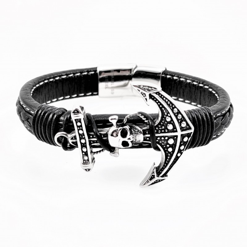 Zwarte Heren Leren Armband met RVS Doodshoofd Anker Zwarte Heren Leren Armband met RVS Doodshoofd Anker