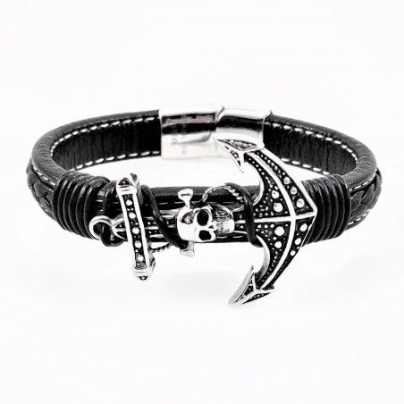 Zwarte Heren Leren Armband met RVS Doodshoofd Anker