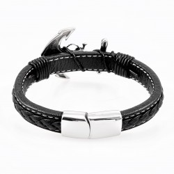 Zwarte Heren Leren Armband met RVS Doodshoofd Anker