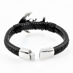 Zwarte Heren Leren Armband met RVS Doodshoofd Anker