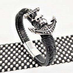 Zwarte Heren Leren Armband met RVS Doodshoofd Anker