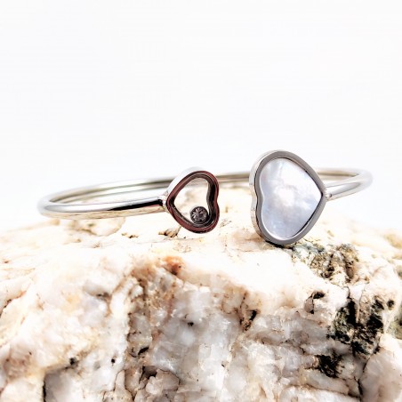 Stijve zilverkleurige Stalen Armband met Twee Harten