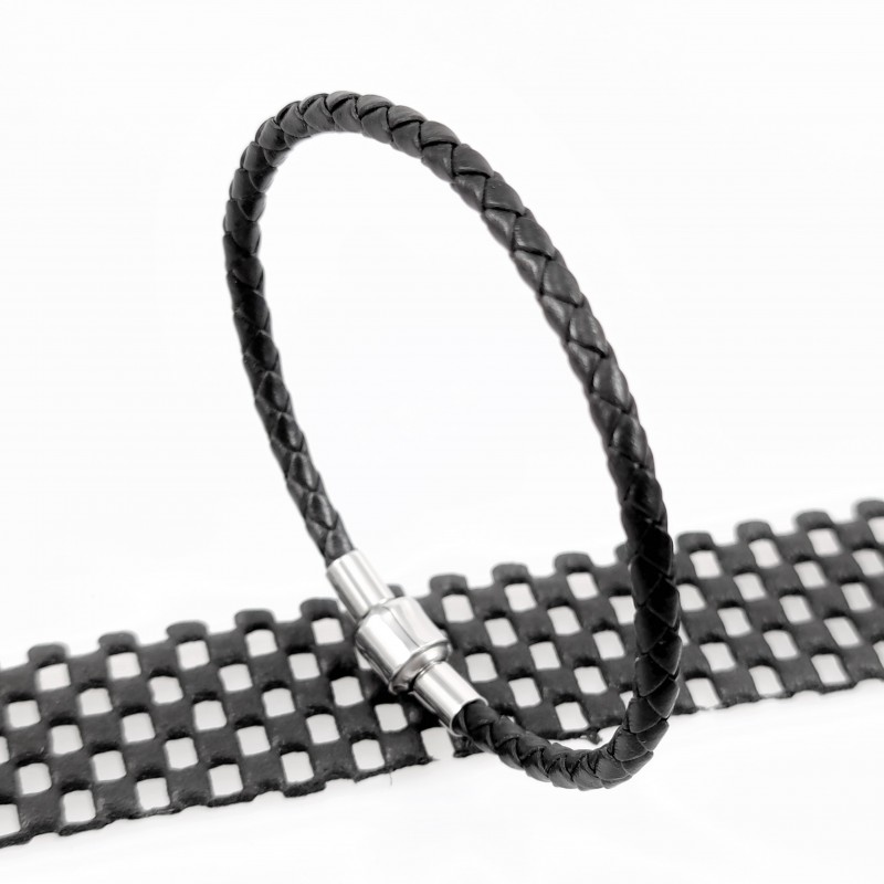 Fijn Gevlochten Armband Dames - Heren - Leren RVS Kleur Zwart Armband-Binnenmaat 19 cm