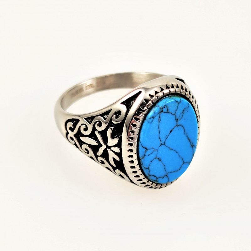 Wasserette Smeren Paine Gillic Roestvrij Stalen Heren Ring met Turquoise Steen Kleur Blauw Ring Omtrek 54  mm (diameter 17,2 mm)