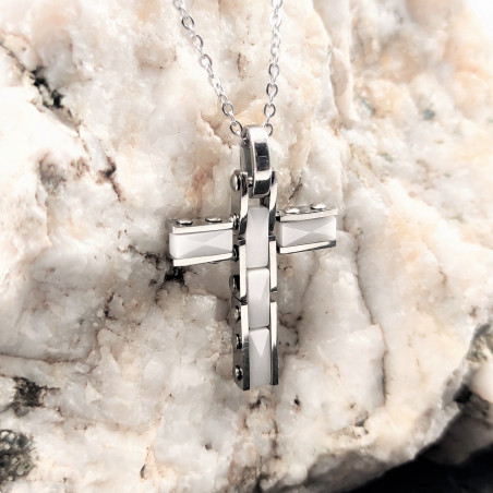 Dames/Heren Stalen Ketting met Witte Keramische Kruis Hanger
