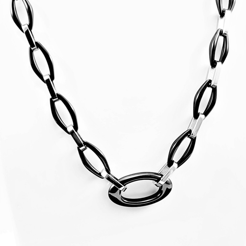 Zwarte Keramiek Ovale Schakels-RVS Dames Ketting Zwarte Keramiek Ovale Schakels-RVS Dames Ketting