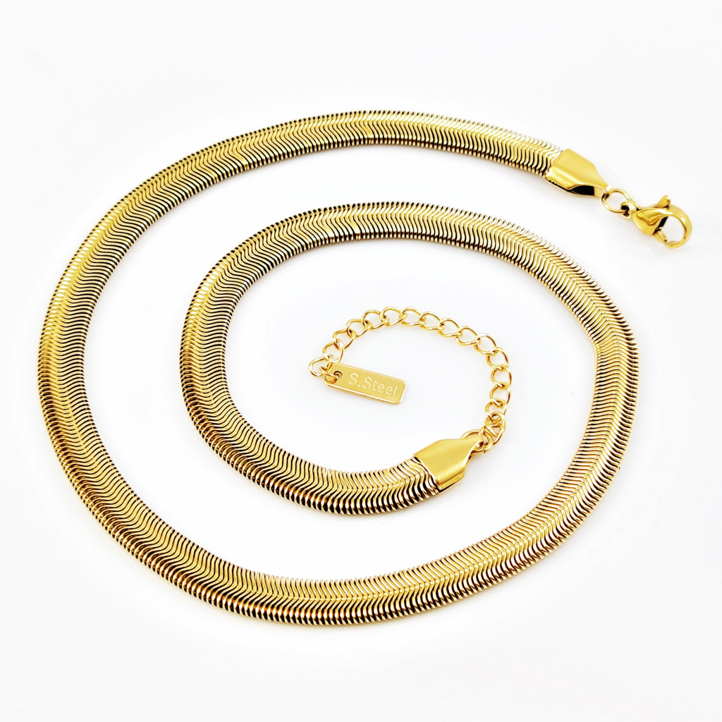 RWQIAN Platte halsketting dames slangenketting visgraatpatroon ketting goud zilver choker sieraden, 36 cm, Roestvrij staal