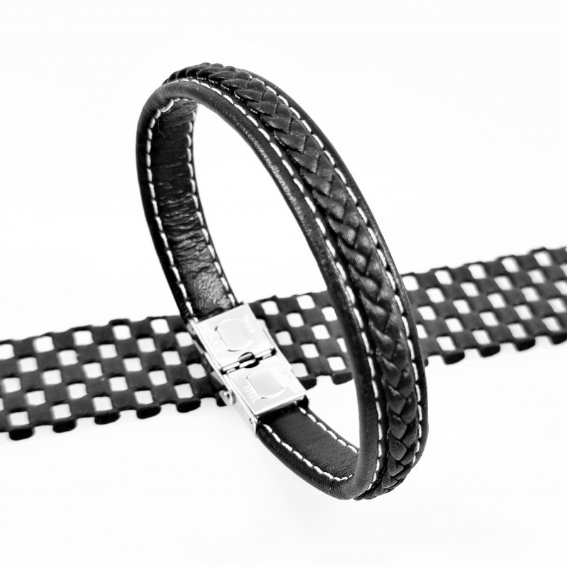 Heren - Dames Gevlochten Leren Armband Witte Stiksels