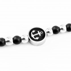 Dames - Heren Armband Stalen Kralen, Zwarte Onyx Kralen en Anker