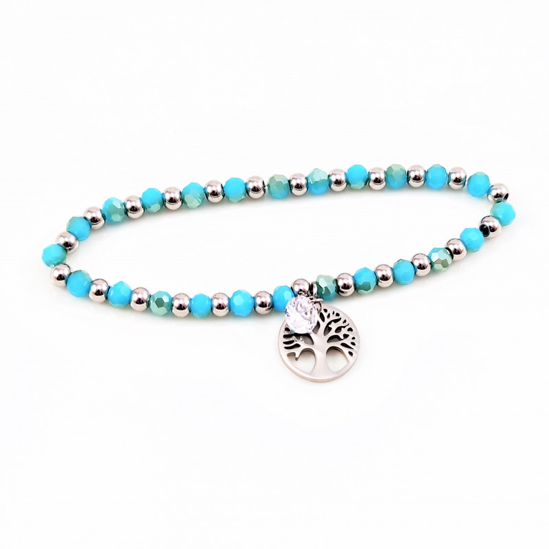 Armband Turquoise Kristallen - RVS Levensboom Hanger