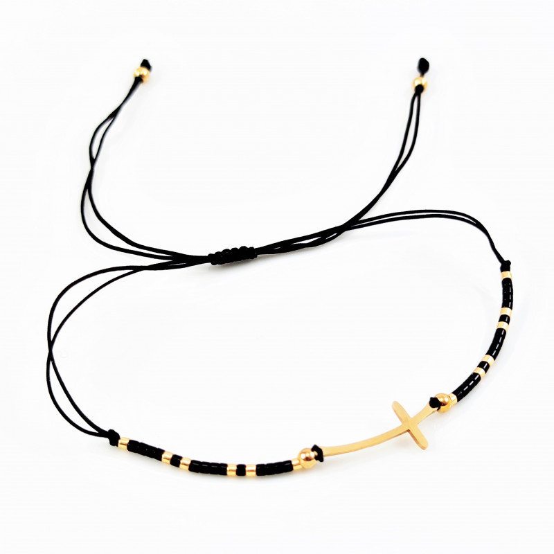 Zwarte Touw Armband - Enkelbandje - Kristallen Kralen - Kruis Symbool Zwarte Touw Armband - Enkelbandje - Kristallen Kralen - Kruis Symbool