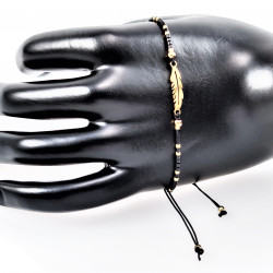 Zwarte Touw Armband - Enkelbandje - Kristallen Kralen - Veer Symbool