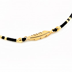 Zwarte Touw Armband - Enkelbandje - Kristallen Kralen - Veer Symbool