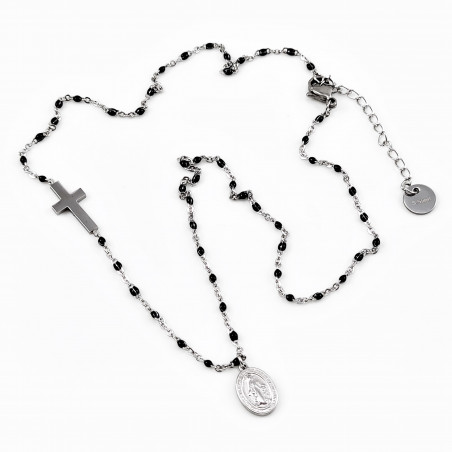 Dames Stalen Ketting Zwarte Emaille Kralen en Miraculeuze Maagd