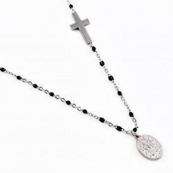 Dames Stalen Ketting Zwarte Emaille Kralen en Miraculeuze Maagd