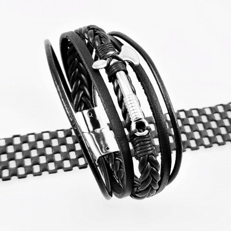 Heren Meerlaagse Zwarte Leren Armband met Axe Heren Meerlaagse Zwarte Leren Armband met Axe