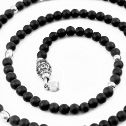Heren Ketting 6,5mm Zwarte Onyx Kralen, Natuurlijke Edelsteen