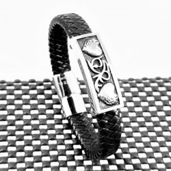 Dames - Heren Zwarte Leren Armband met Harten-Plaat