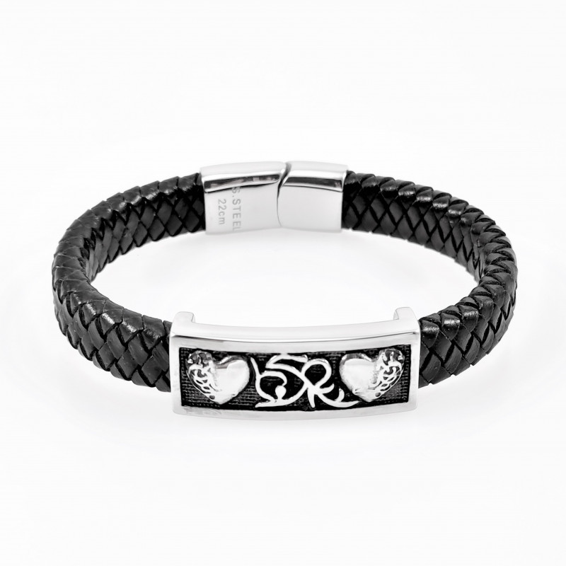 Dames - Heren Zwarte Leren Armband met Harten-Plaat Dames - Heren Zwarte Leren Armband met Harten-Plaat