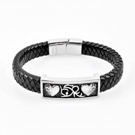 Dames - Heren Zwarte Leren Armband met Harten-Plaat