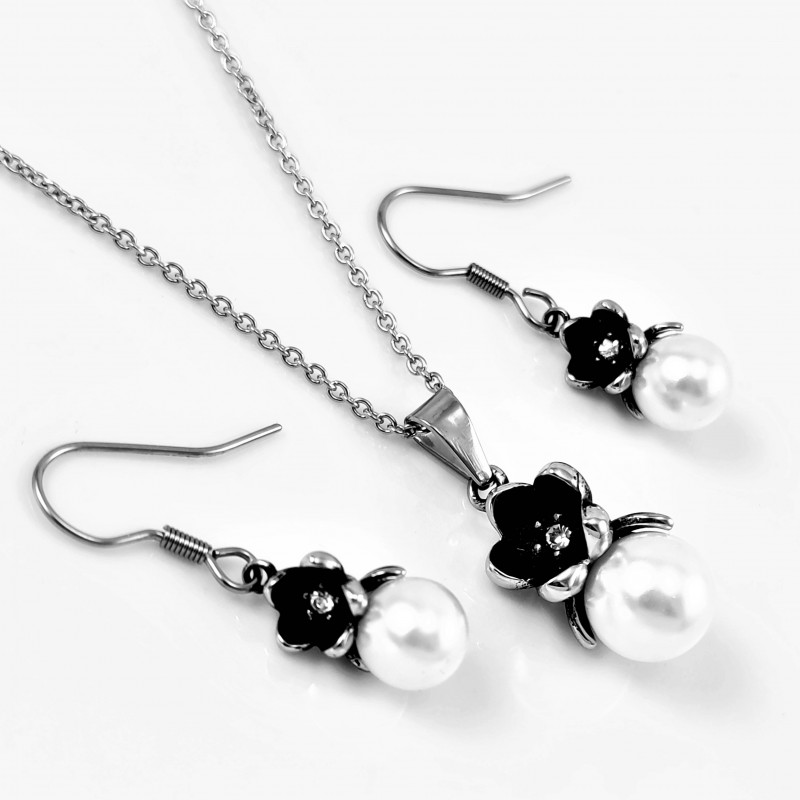 Dames Bloem Design Stalen Ketting + Oorbellen Set