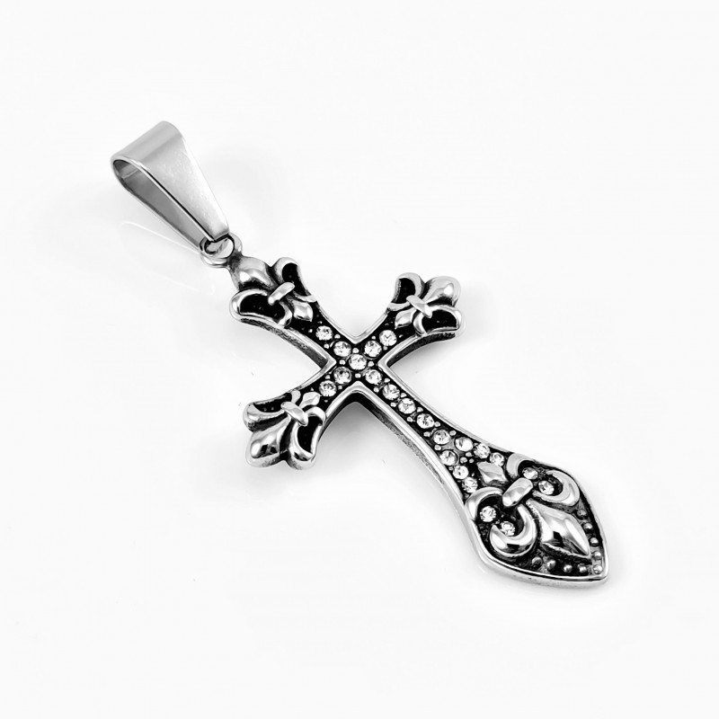 Unisex RVS Fleur de Lis Kruishanger met Zirkonia's Unisex RVS Fleur de Lis Kruishanger met Zirkonia's