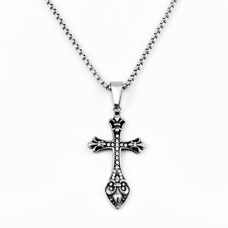 60cm x 3mm Ketting + Fleur de Lis Kruishanger met Zirkonia's Unisex - RVS Zilverkleur 60cm x 3mm Ketting + Fleur de Lis Kruishanger met Zirkonia's Unisex - RVS Zilverkleur