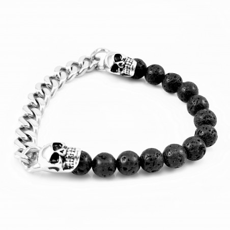 Lavasteen Armband met RVS Schedel - Cubaanse Schakelketting