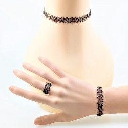 Tattoo Choker Set 3-Delig Zwart-Ketting, Armband en Ring