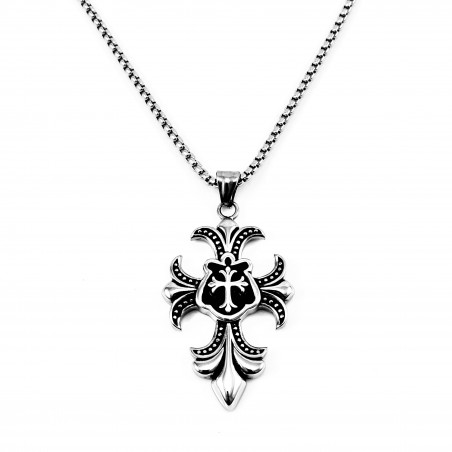 60cm x 3mm Ketting + Retro Kruishanger Heren - Stalen Zilverkleur - Fleur de Lis Design