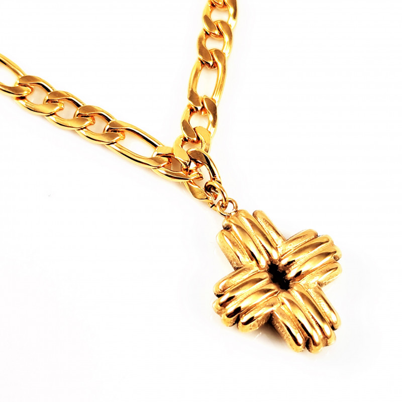 Stalen Dames Figaro Ketting met Kruis - Gold Plated Stalen Dames Figaro Ketting met Kruis - Gold Plated