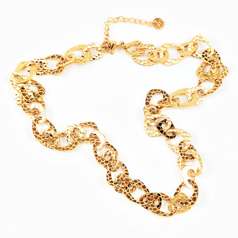Stalen Dames Ketting Asymmetrische Platte Schakels - Slangenpatroon - Gold Plated Stalen Dames Ketting Asymmetrische Platte Schakels - Slangenpatroon - Gold Plated