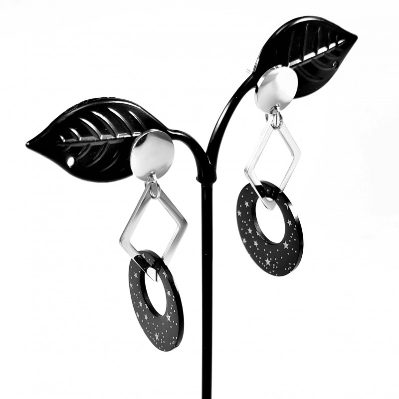 Zwart-Zilverkleur Stalen Dames Lange Oorbellen Sterren - Ruit-Hanger