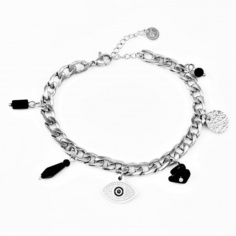 Roestvrij Stalen Dames Cubaanse Armband - Turkse oog - Zwarte Stenen