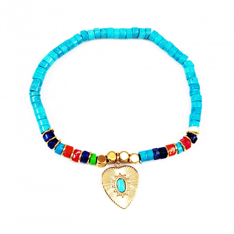 Elastische Dames Armband Gold Plated - Turkoois Natuursteen - Hart Hanger Elastische Dames Armband Gold Plated - Turkoois Natuursteen - Hart Hanger