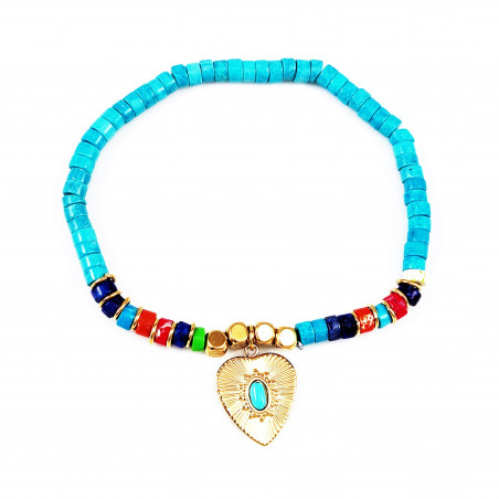 Elastische Dames Armband Gold Plated - Turkoois Natuursteen - Hart Hanger