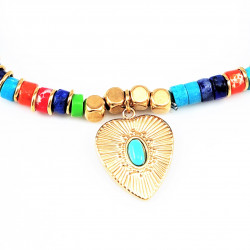 Elastische Dames Armband Gold Plated - Turkoois Natuursteen - Hart Hanger