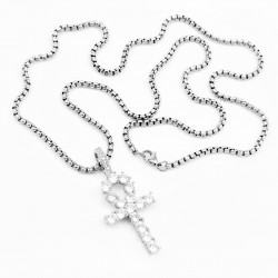 60cm x 3mm Jasseron Ketting - Egyptische Kruis Ankh Hanger - zilverkleurige Roestvrij Stalen - Amulet Heren - Dames