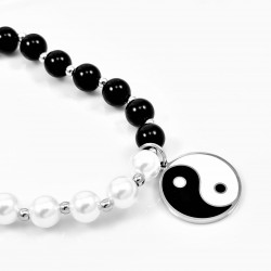 Dames Collier - Zwart-Wit Kralen Ketting - Ketting met Yin Yang-Hanger RVS