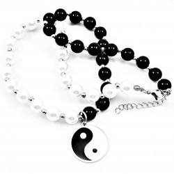 Dames Collier - Zwart-Wit Kralen Ketting - Ketting met Yin Yang-Hanger RVS