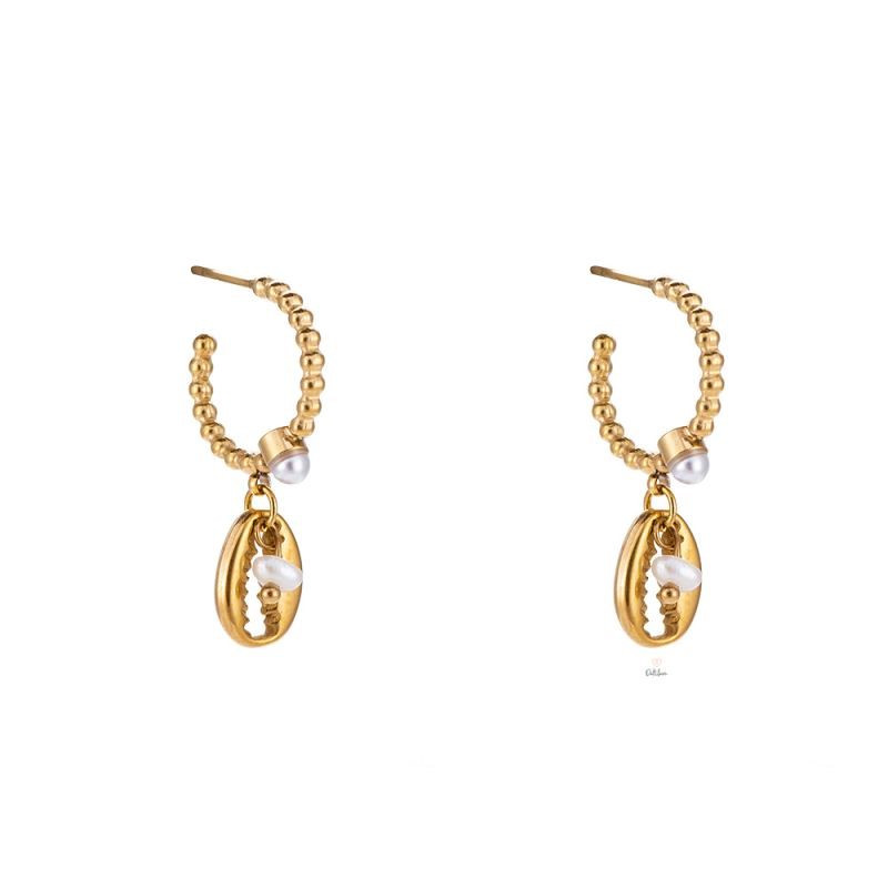 Dottilove Ø15mm Oorbellen - Dames Oorringen - Ball Design - Schelp - Parels - RVS Gold Plated Dottilove Ø15mm Oorbellen - Dames Oorringen - Ball Design - Schelp - Parels - RVS Gold Plated