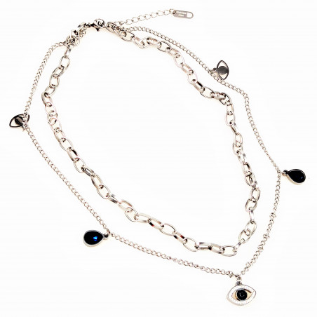 Dubbele Layer Collier Dames - Gelaagde Ketting Turkse Ooghangers - zilverkleurige RVS